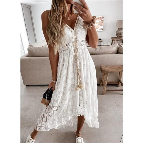 Summer Dress V Neck Spaghetti Strap Sleeveless High Waist A Boho White - Picture 3 of 7